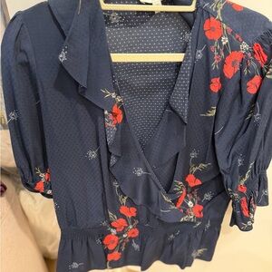 Joie Navy Wrap Blouse with Red Floral Print